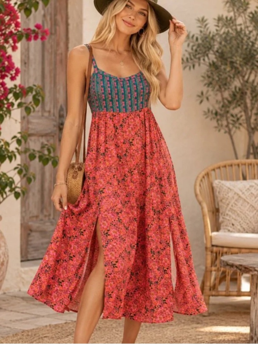 Natural Life Mixed-Print Maxi Dress in Blue Red-Orange Size Extra Large
